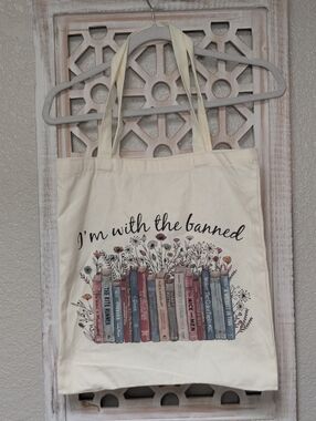 I'm With the Banned canvas tote book bag beige librarian book worm rebellion